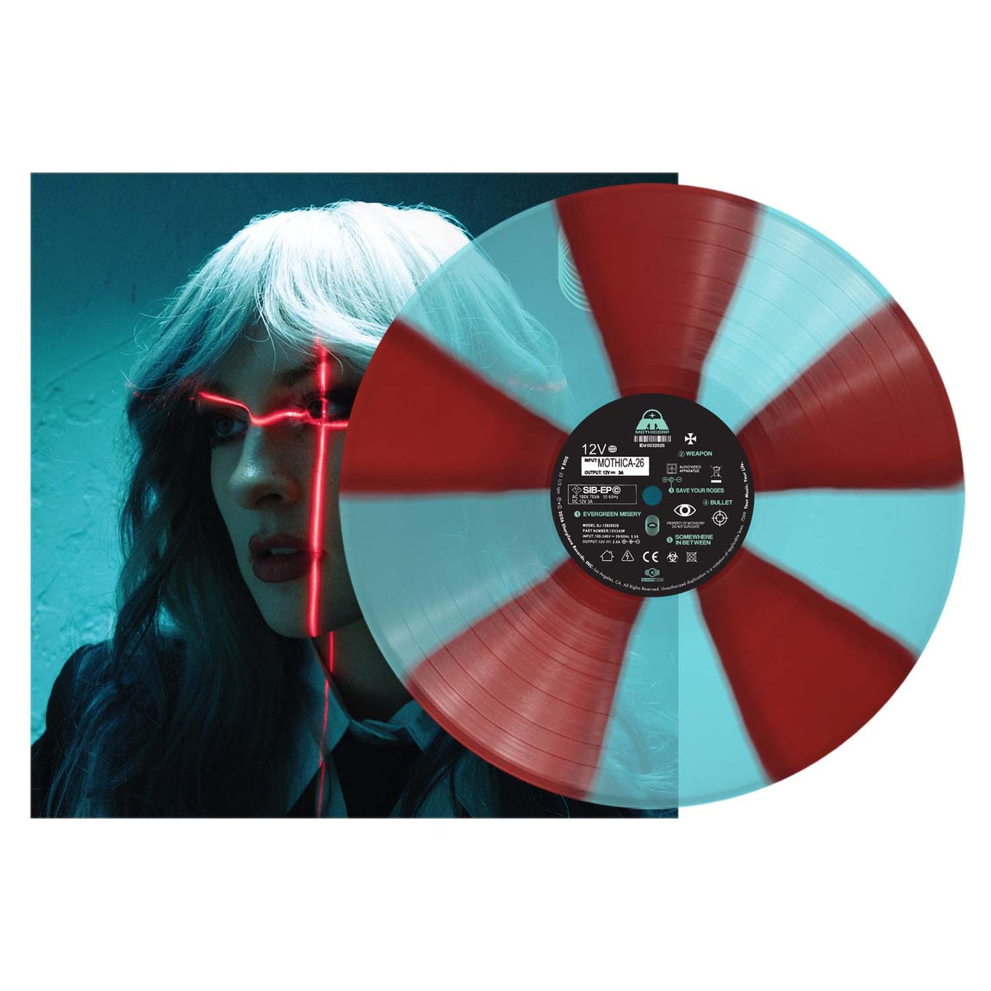 Mothica - Somewhere In Between EP Vinyl record with red and blue color scheme and a person with white hair in the background.