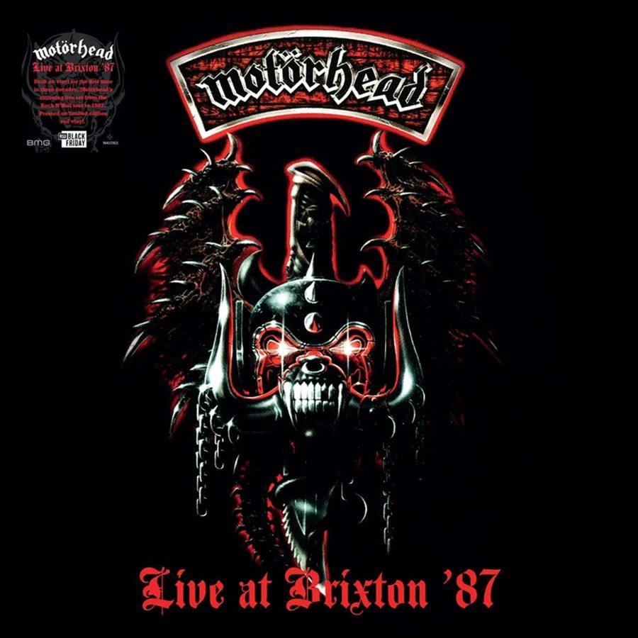 Motorhead - Live at Brixton Album cover for Motorhead's 'Live at Brixton '87' with a helmeted figure and band logo.