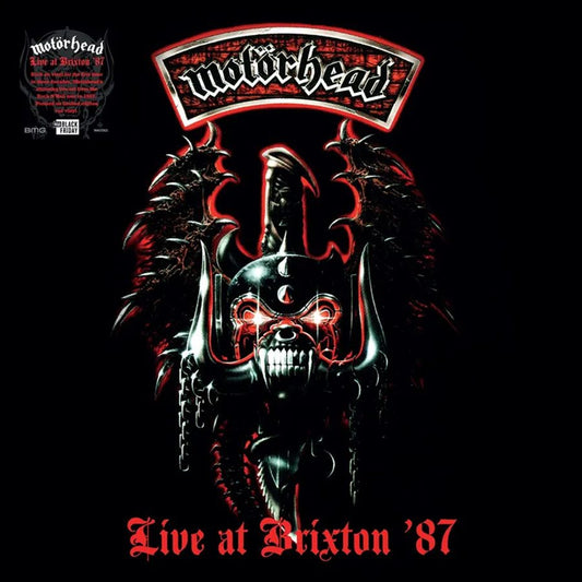 Motorhead - Live at Brixton Album cover for Motorhead's 'Live at Brixton '87' with a helmeted figure and band logo.