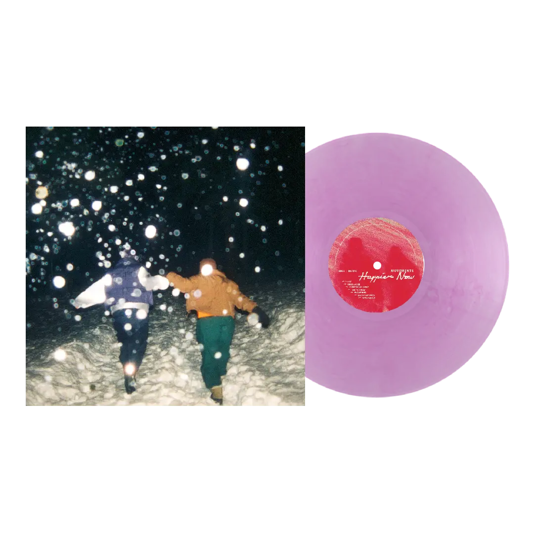 Movements - Happier Now (Transparent Violet) Vinyl A vinyl record split into two halves: the left half shows the album cover art featuring two people running through snow at night, and the right half shows the translucent lavender-purple vinyl disc with a red center label.