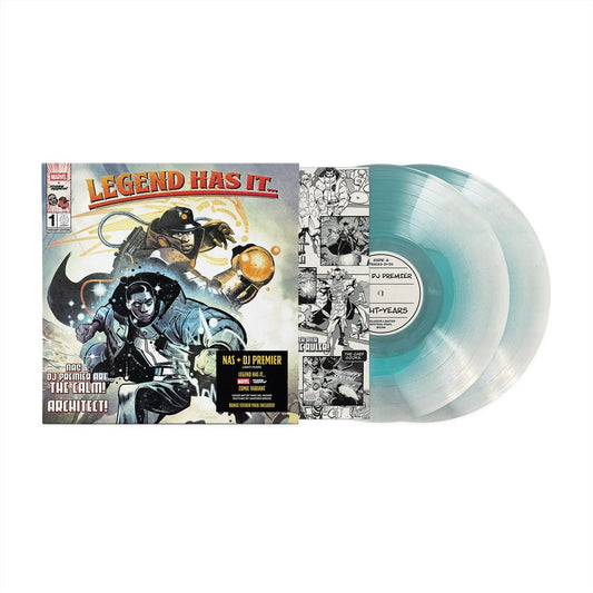 Nas - Light-Years Vinyl record with comic book-style cover and transparent blue disc on a white background