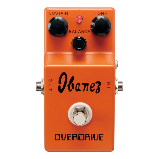 Orange Ibanez OD850 overdrive pedal with three knobs on a white background