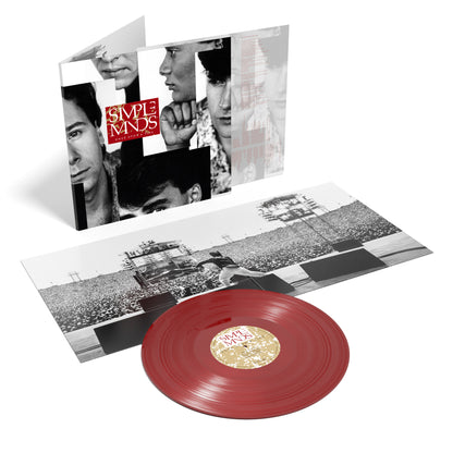 Simple Minds - Once Upon A Time Red vinyl record with a gatefold cover featuring black and white images and 'Simple Minds' branding.