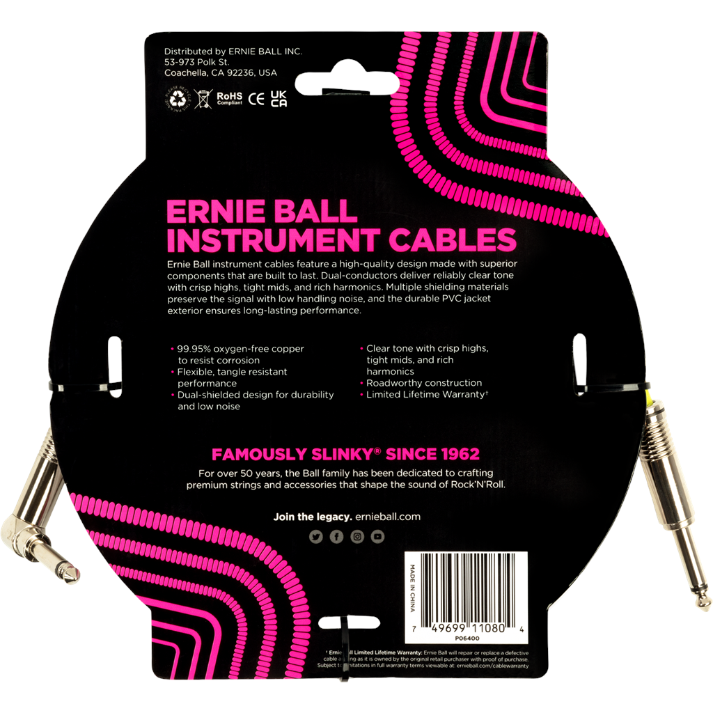 Ernie Ball 15ft PVC Instrument Cable Angled - White