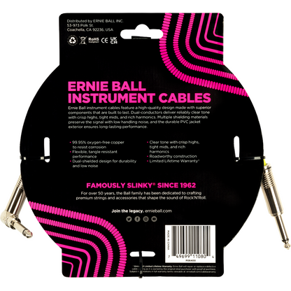 Ernie Ball 15ft PVC Instrument Cable Angled - White