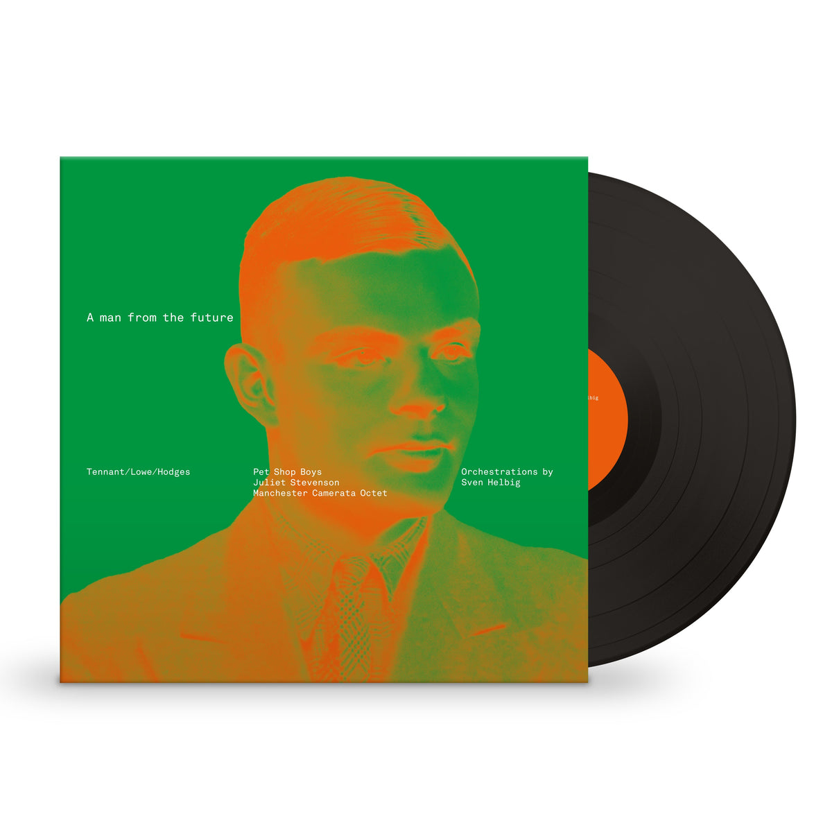 Pet Shop Boys - A Man From The Future Vinyl A vinyl record partially pulled from its square album cover, shown on a clean white background. The cover features a stylized portrait in green and orange tones, and the record itself is black with a bright orange center label.