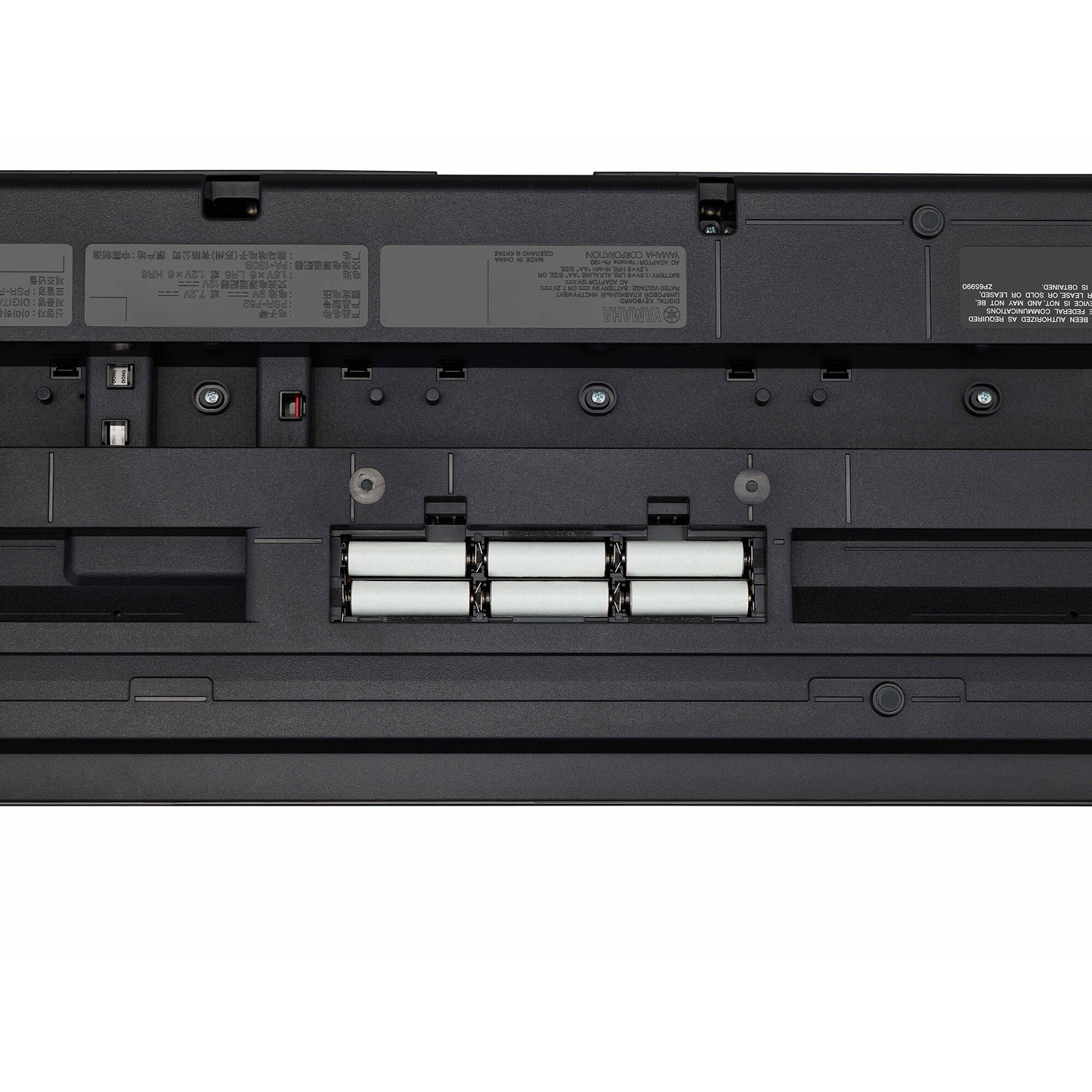 Yamaha PSR-F52 Back view of a electronic device with connectors and labels on a white background