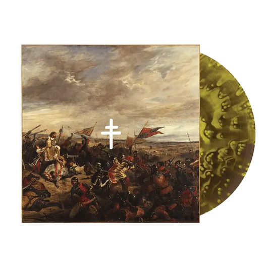 President - Blood Of Your Empire (Limited Edition Lemonade & Black Ice Splatter) Vinyl A vinyl record album cover featuring a historical battle painting, with a gold-colored translucent record partially visible behind it. A white cross symbol is centered on the cover.