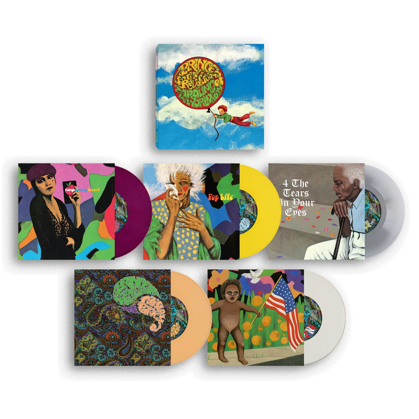 Prince & The Revolution - Around The World In A Day Collection of vinyl records with colourful covers on a white background