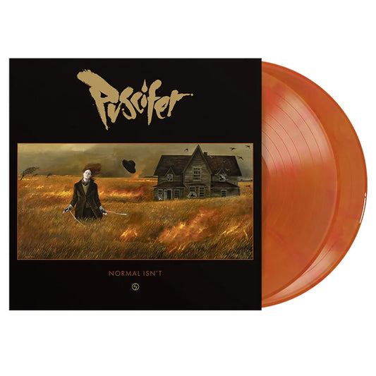 Puscifer - Normal Isn't Vinyl record with a black cover featuring an illustration of a person in a field and a house, with 'Pussycat' and 'Normal Isn't' text.