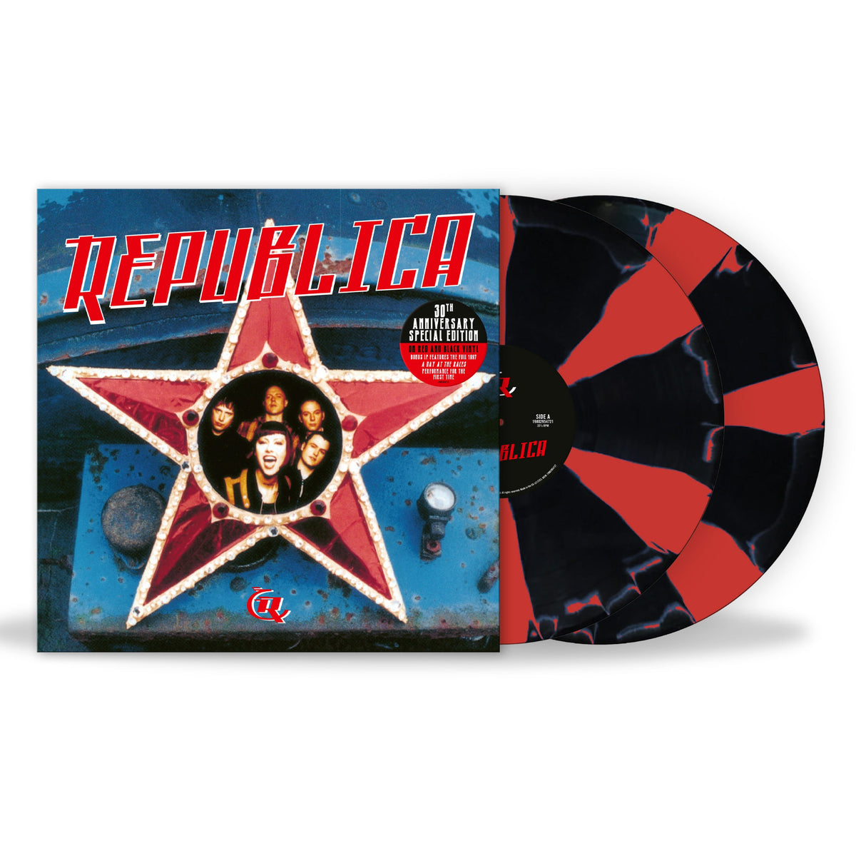 Republica - Republica (30th Anniversary Black & Red Cornetto) Vinyl Republic 20th Anniversary Special Edition vinyl record album with the LP partially pulled from the jacket. The cover features a large red star with a circular band portrait in the center and bold red 'REPUBLIC' lettering.