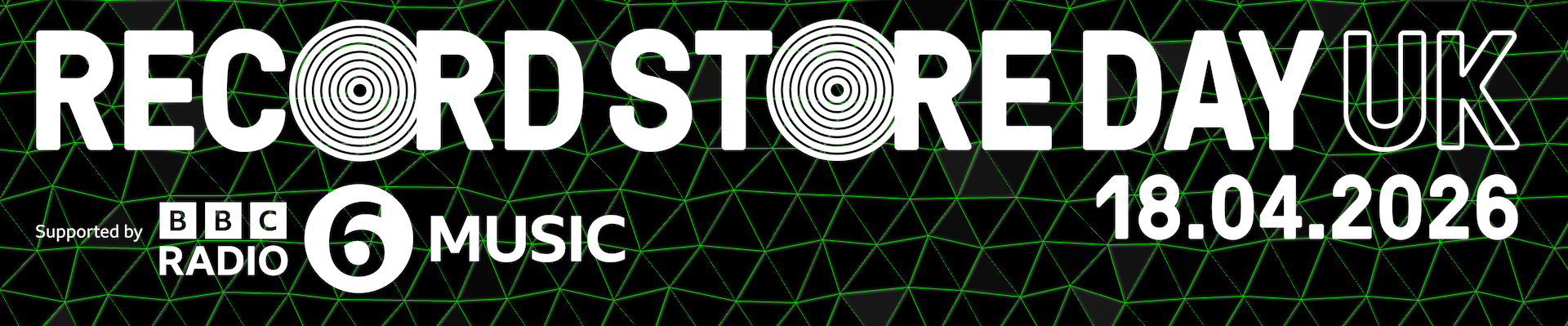 Record Store Day UK banner with BBC Radio 6 Music support, featuring a grid pattern.