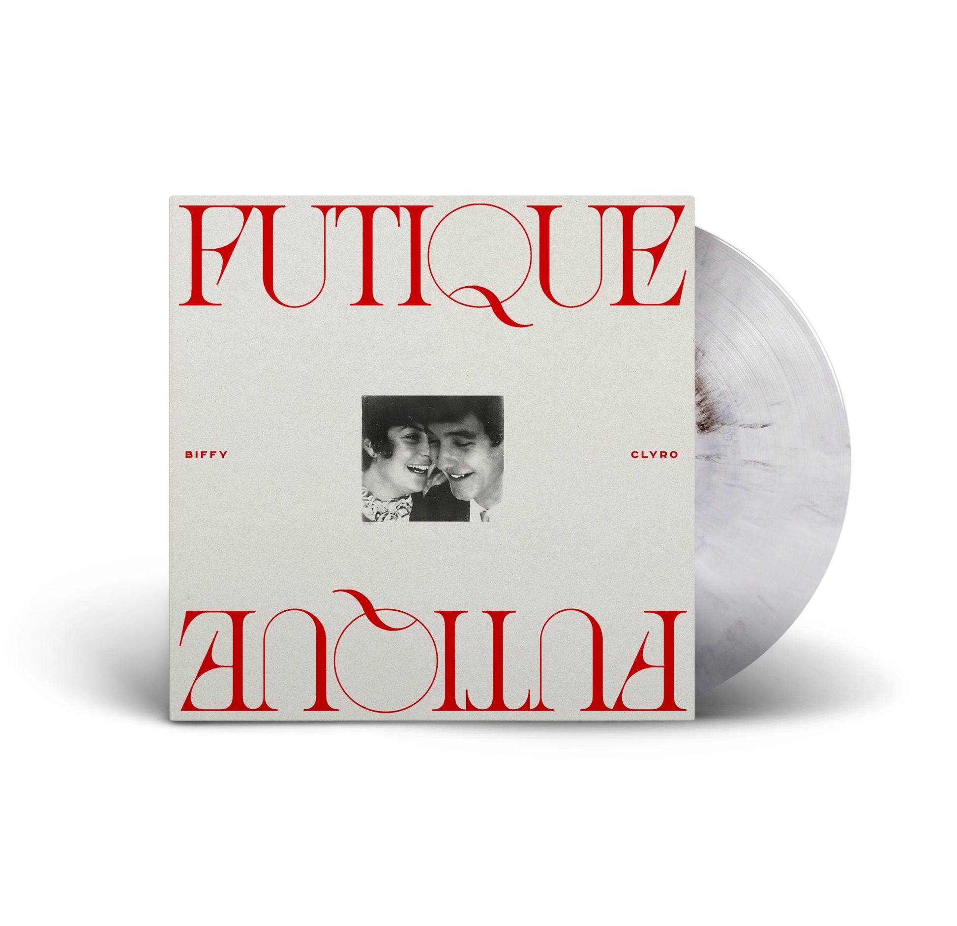 Biffy Clyro - Futique (White / Black Marbled) Vinyl Vinyl record with a white cover featuring red text and a black and white photo of two people.