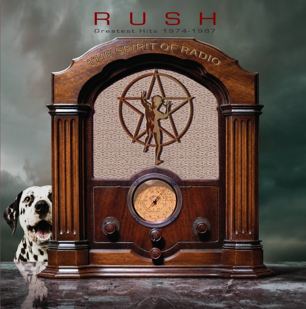 Rush - The Spirit Of Radio: Greatest Hits 1974-1987 Vinyl Album cover art for Rush's 'Greatest Hits 1974-1987' titled 'The Spirit of Radio', featuring a large vintage wooden radio with a Dalmatian dog reflected in the lower left, set against a dark smoky background.