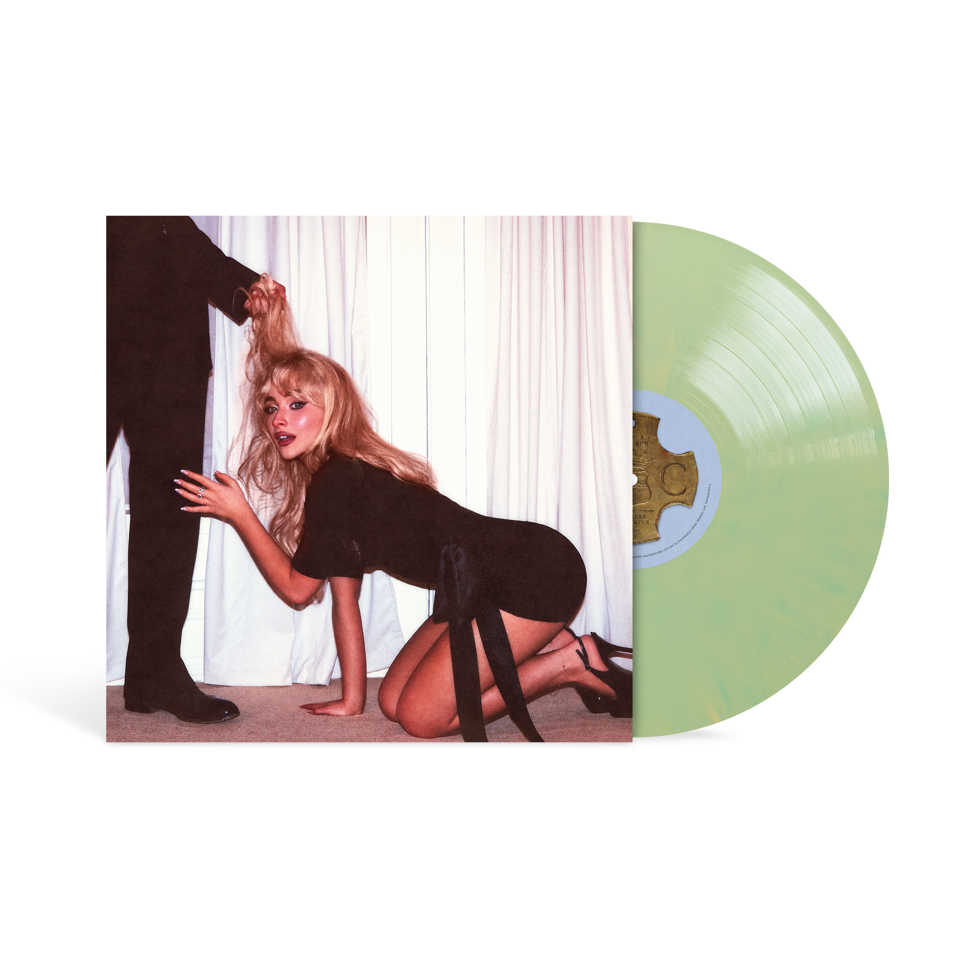 Sabrina Carpenter Mans Best Friend Vinyl record with a cover featuring a woman on her knees, held by a man's leg.