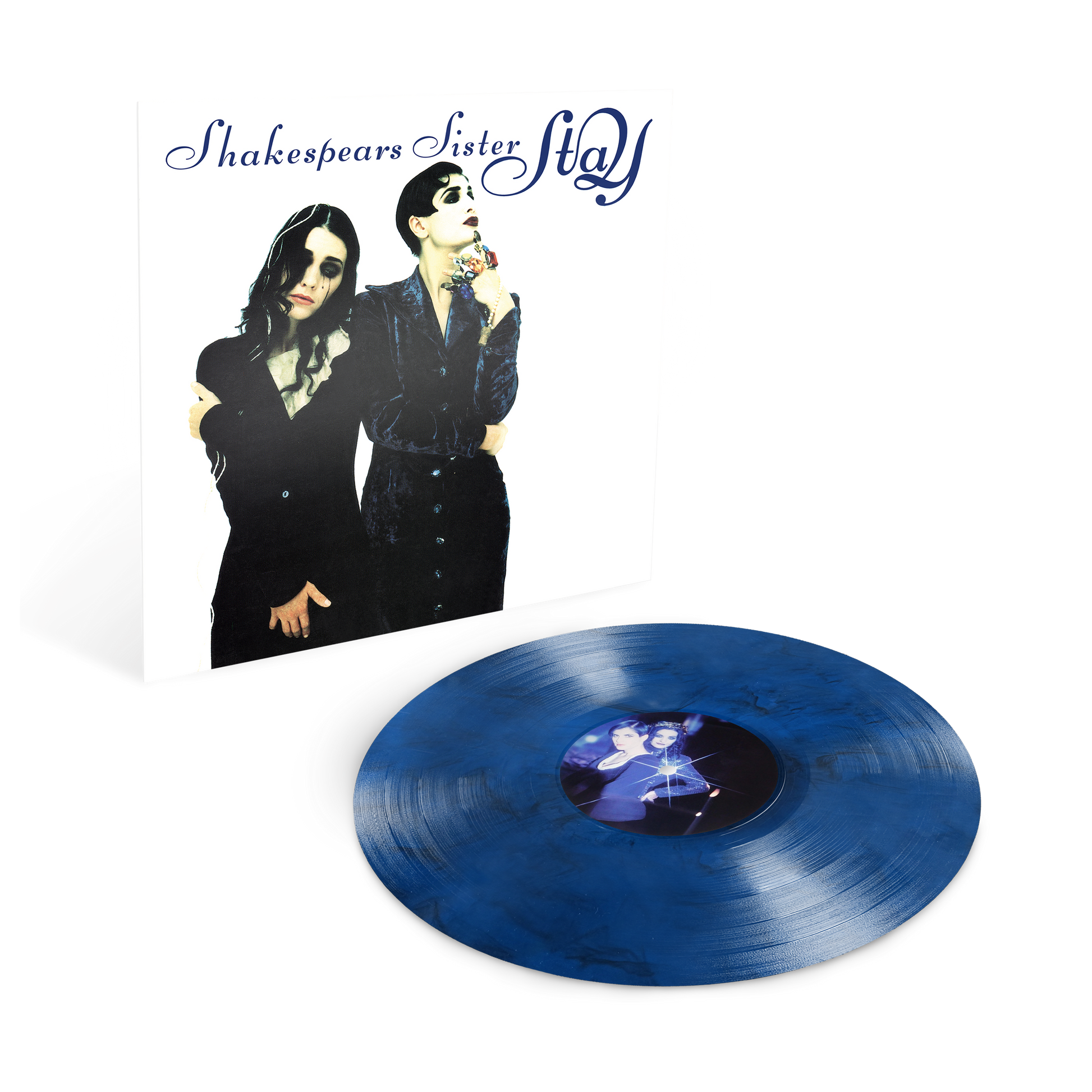 Shakespears Sister - Stay Blue vinyl record with a cover featuring two people and the text 'Shakespeare's Sister Stay' on a white background.