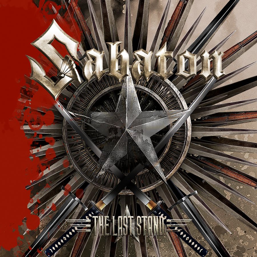 Sabaton - The Last Stand (10th Anniversary Edition Bloodstone Marbles & Spartan Sunset Splatter) Vinyl Album cover art for Rabatón's 'The Last Stone', featuring a metallic star and swords arranged in a circular design, with a bold red textured graphic on the left side.