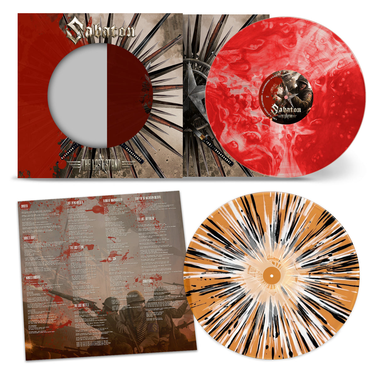 Sabaton - The Last Stand (10th Anniversary Edition Bloodstone Marbles & Spartan Sunset Splatter) Vinyl A vinyl record album shown with its inner sleeve and two printed records on a white background. The artwork features a red-and-brown circular cutout on the sleeve, a red marbled record with a dark center label, a tan-and-black radial patterned record, and a sepia-toned printed insert with red splatter details.