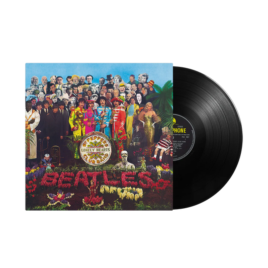 The Beatles - Sgt. Pepper's Lonely Hearts Club Band Vinyl The Beatles 'Abbey Road' vinyl record LP with its illustrated paper sleeve, shown on a plain white background. The black vinyl record is partially pulled from the sleeve, revealing the center label.