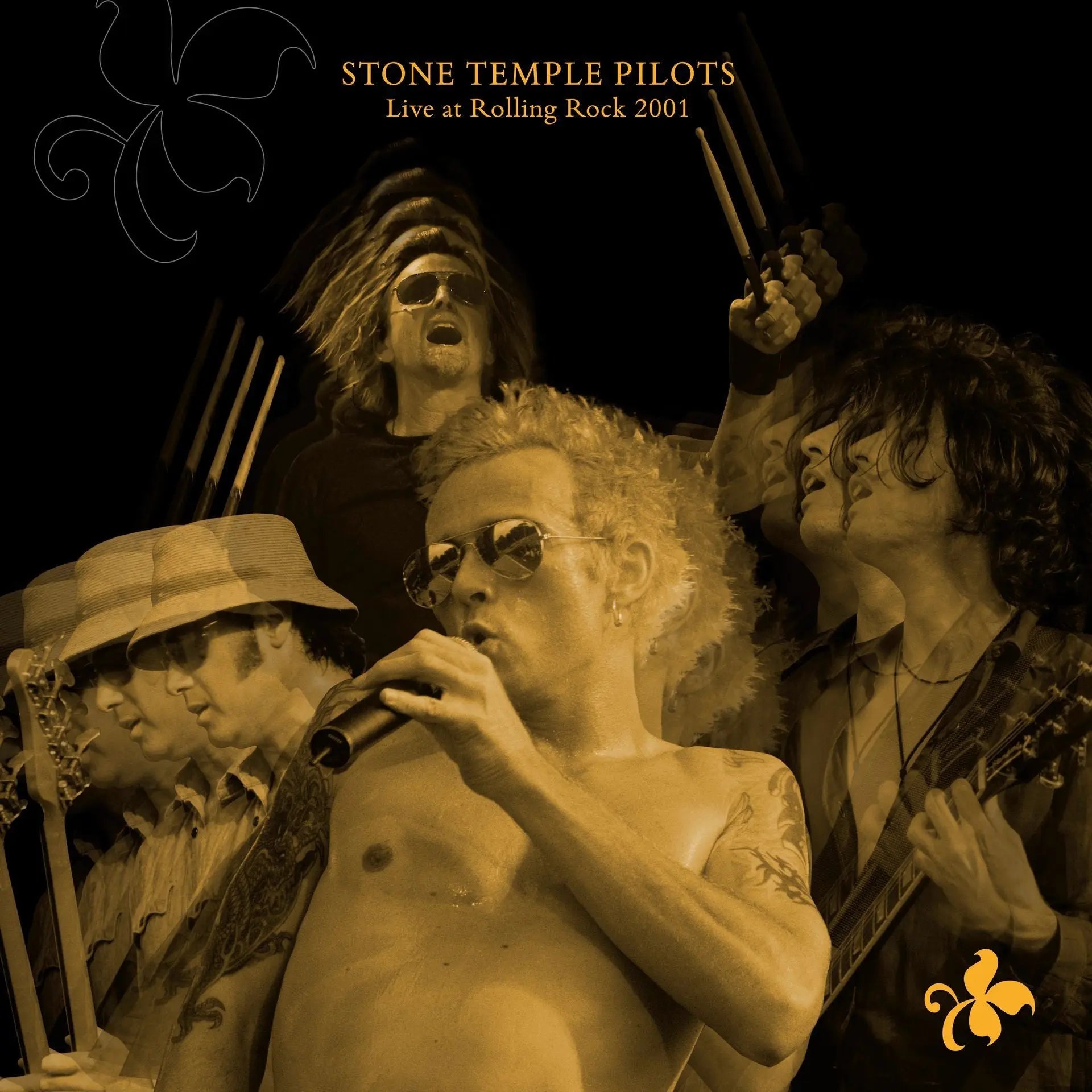 Stone Temple Pilots - Live At Rolling Rock 2001 Vinyl RSD26 Black and white image of a band performing with text 'Stone Temple Pilots Live at Rolling Rock 2001'.