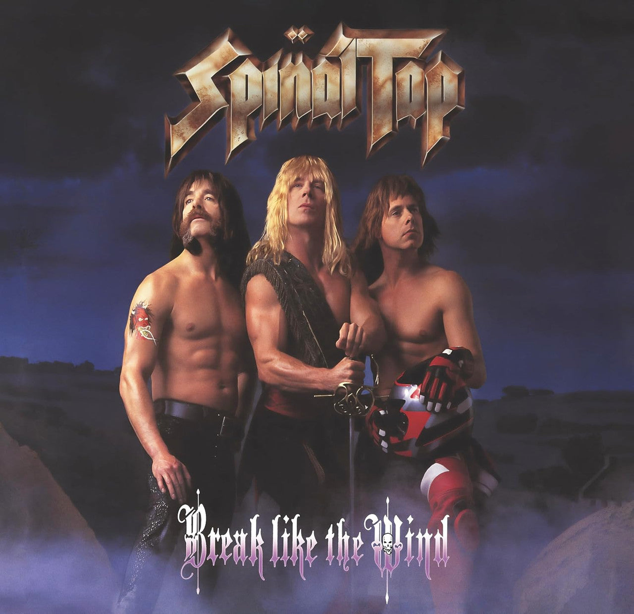Spinal Tap - Break Like The Wind Album cover for 'Spinal Tap' with three shirtless men against a dark sky.