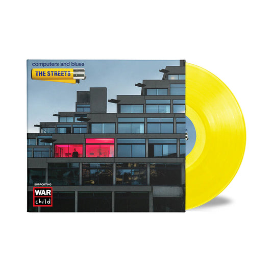The Streets - Computers and Blues (Yellow) Vinyl RSD26 Vinyl record with a building image and yellow disc on a white background