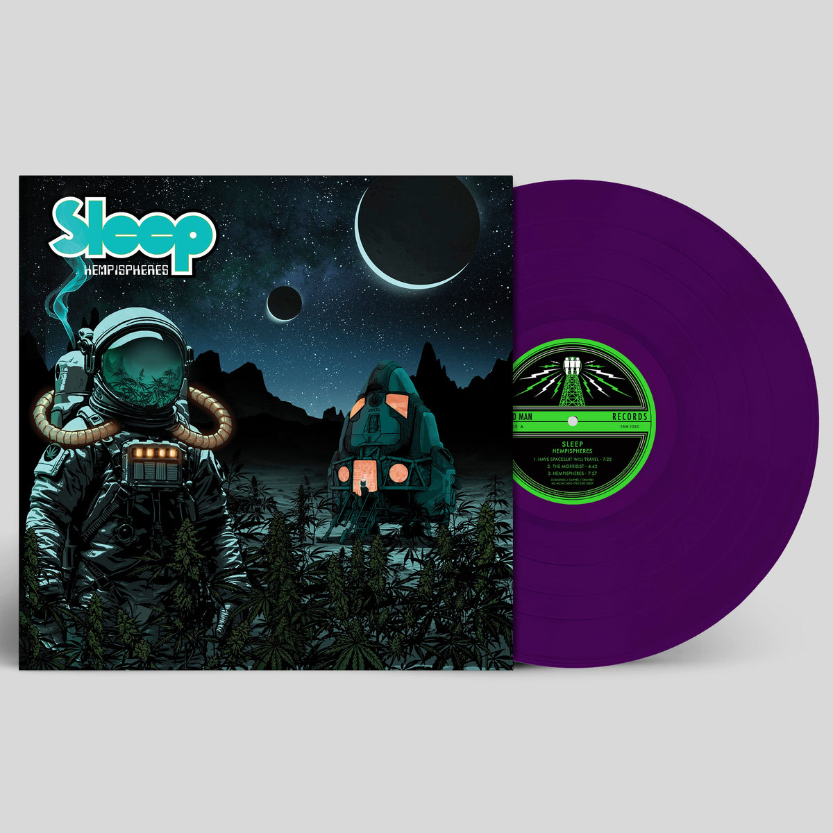 Sleep - Hempispheres (Opaque Purple) Vinyl A vinyl record album shown with its illustrated sleeve and a translucent purple disc partially visible behind it on a light gray background. The sleeve features a dark sci-fi scene with an astronaut and the visible brand/title text 'Sleep' and 'The Deep Expanse'.