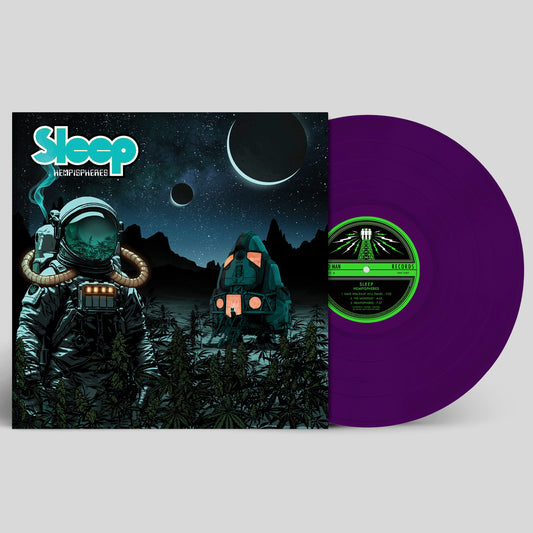 Sleep - Hempispheres (Opaque Purple) Vinyl A vinyl record album shown with its illustrated sleeve and a translucent purple disc partially visible behind it on a light gray background. The sleeve features a dark sci-fi scene with an astronaut and the visible brand/title text 'Sleep' and 'The Deep Expanse'.