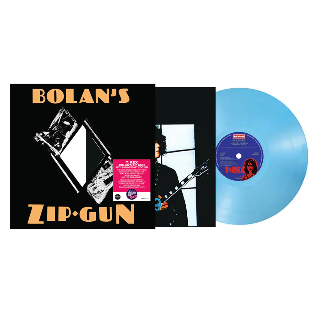 T.Rex - Bolan's Zip Gun Vinyl record with blue disc and black cover featuring T. Rex artwork