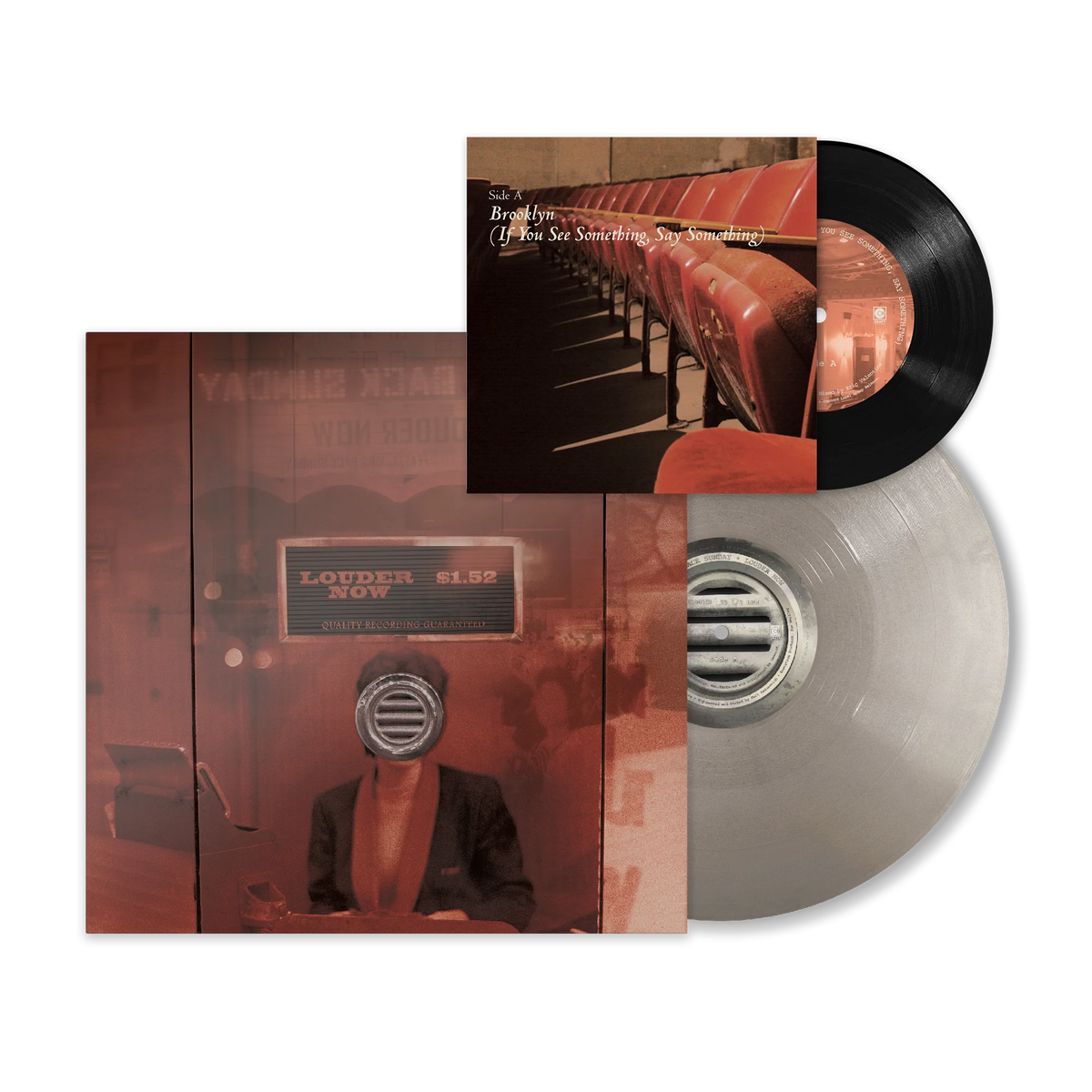 Taking Back Sunday - Louder Now (20th Anniversary Edition Opaque Silver + Bonus 7") Vinyl A vinyl record album shown with its sleeve and the record itself on a plain white background. The sleeve features a sepia-toned photograph of theater seats and a seated person, with the title text 'LOUDER $1.