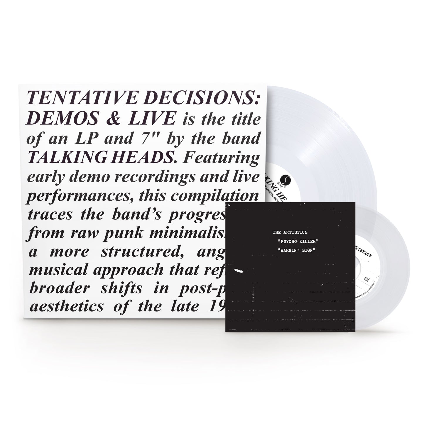 Talking Heads - Tentative Decisions Vinyl record and cover with text about Talking Heads' 'Tentative Decisions: Demos & Live' compilation.