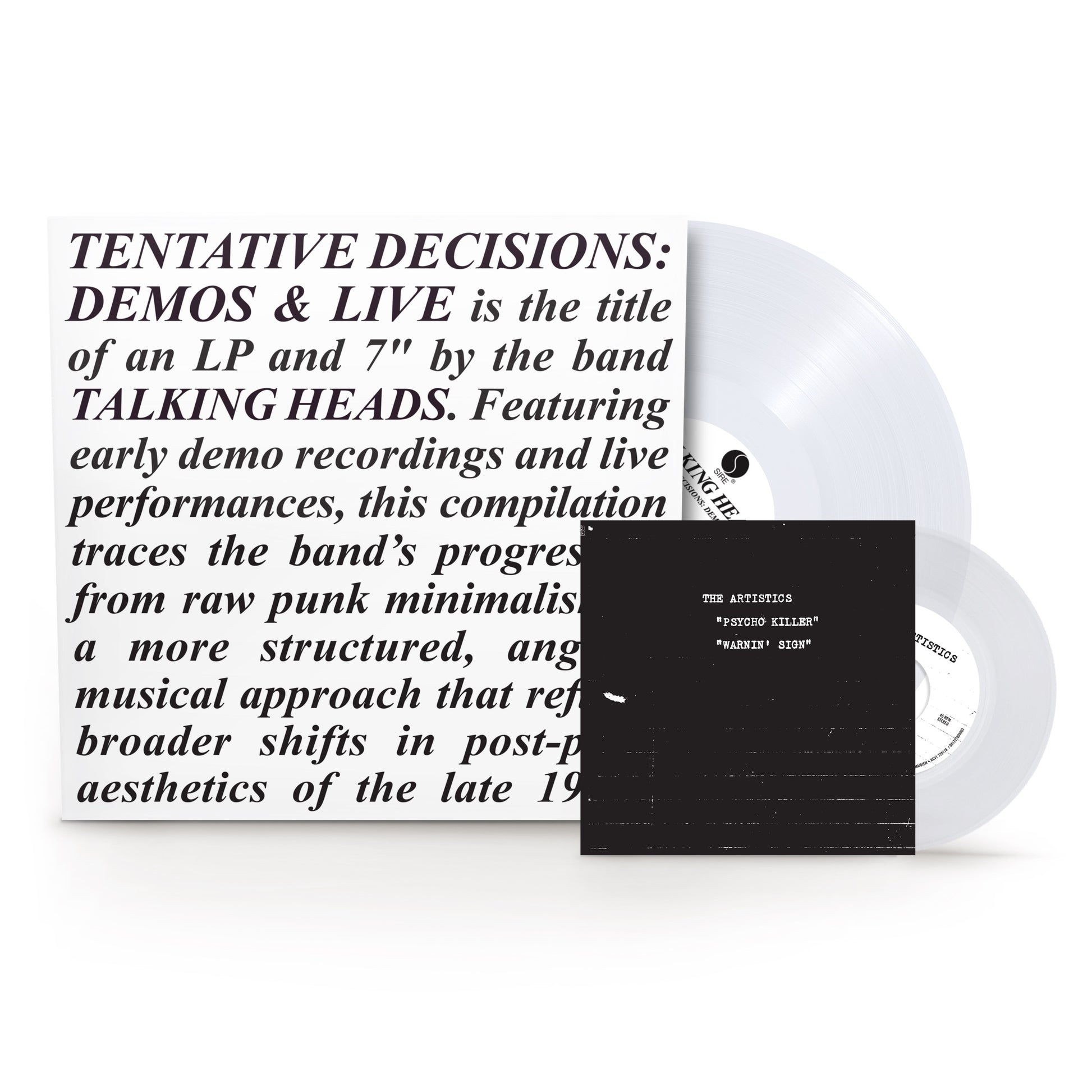 Talking Heads - Tentative Decisions Vinyl record and cover with text about Talking Heads' 'Tentative Decisions: Demos & Live' compilation.