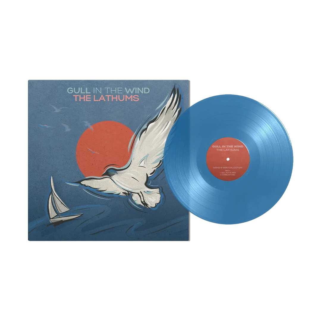 The Lathums - Gull In The Wind (Blue) Vinyl RSD26 Vinyl record and cover with a blue disc and 'Gull in the Wind' design on a white background