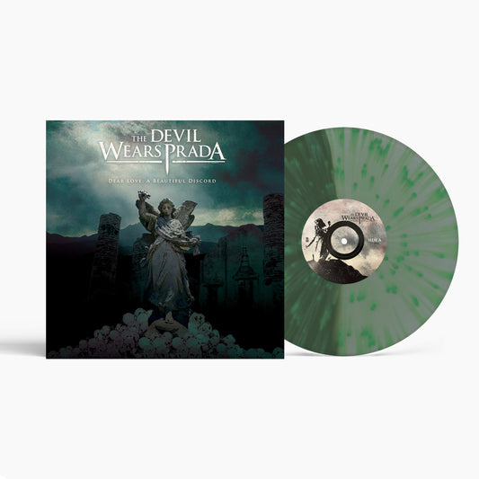 The Devil Wears Prada - Dear Love: A Beautiful Discord (Green & Coke Bottle Clear Split w/ Green Splatter) Vinyl A vinyl record album shown with its sleeve on a light gray background. The sleeve features dark gothic artwork with the text 'The Devil Wears Prada' and 'Deep Love, A Beautiful Discord.