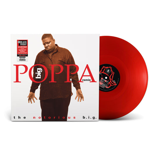 The Notorious BIG - Big Poppa Vinyl record with a red disc and white cover featuring a person, with 'big poppa remix' text.