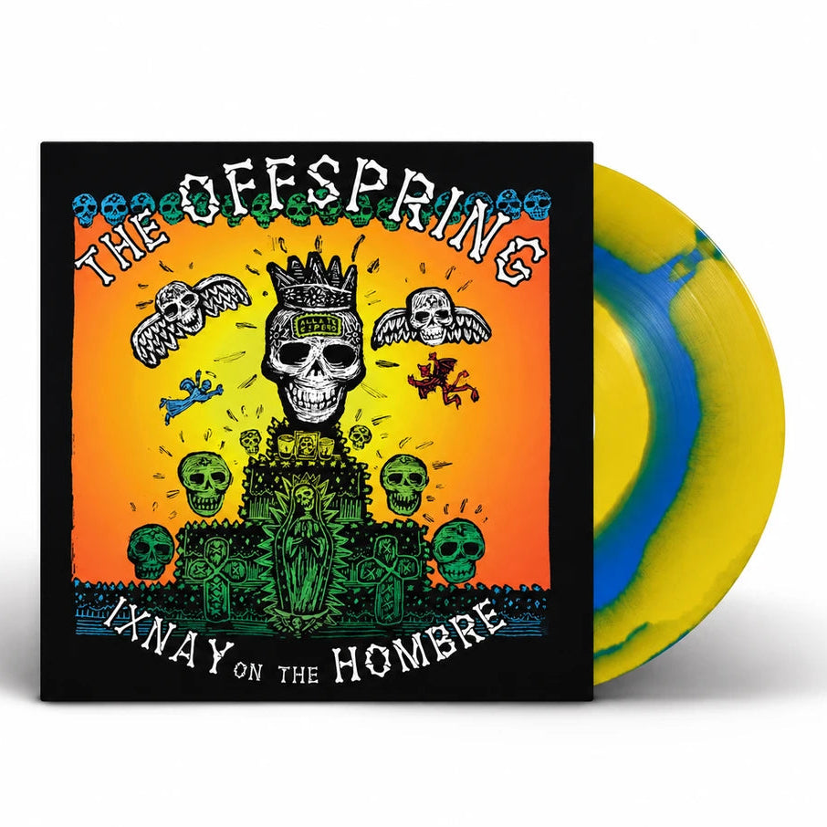 The Offspring - Ixnay On The Hombre (Crazy Yellow & Blue Marble) Vinyl NAD26 The Offspring 'Ixnay on the Hombre' vinyl record LP, featuring a black sleeve with a colorful orange, yellow, and green graphic illustration of a crowned skull, shown next to a yellow and blue marbled vinyl record on a white background.