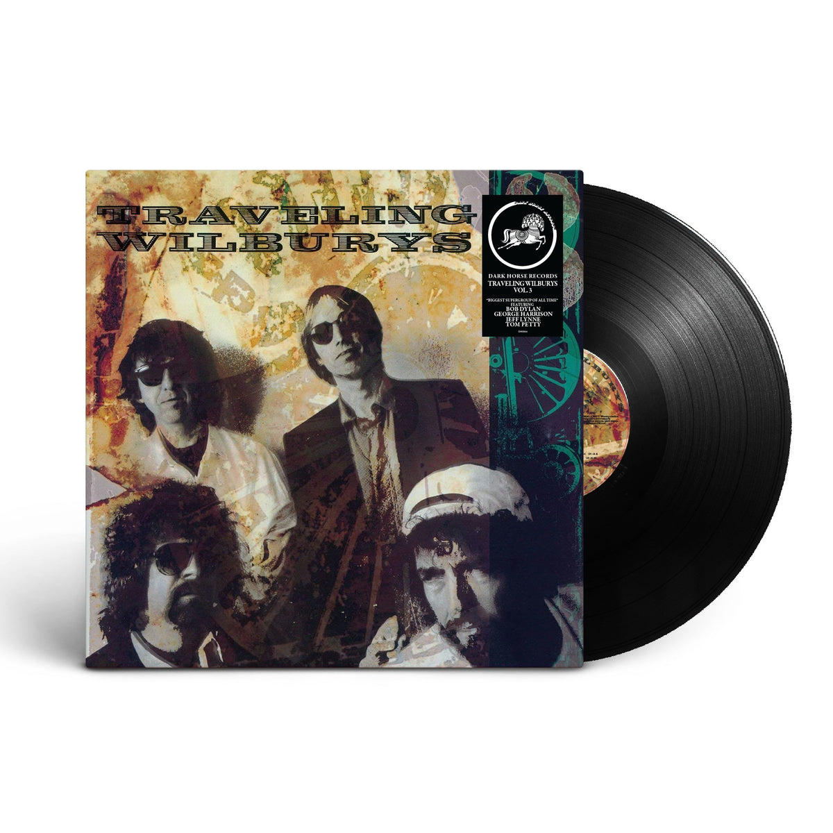 The Traveling Wilburys - The Traveling Wilburys (Vol. 3) (2016 Remaster) Vinyl Vinyl record album for the band Traveling Wilburys, showing the illustrated album cover sleeve with a black vinyl record partially visible behind it on a white background.