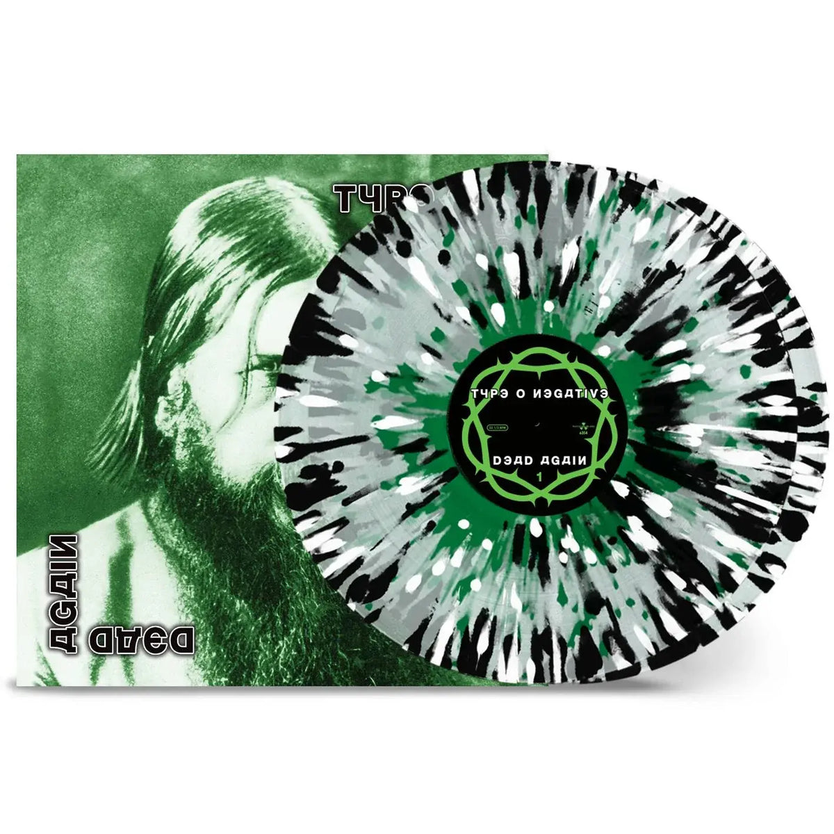 Type O Negative - Dead Again (Clear w/ Green / White / Black Splatter) Vinyl Tie-dye record with black and white pattern on a green background