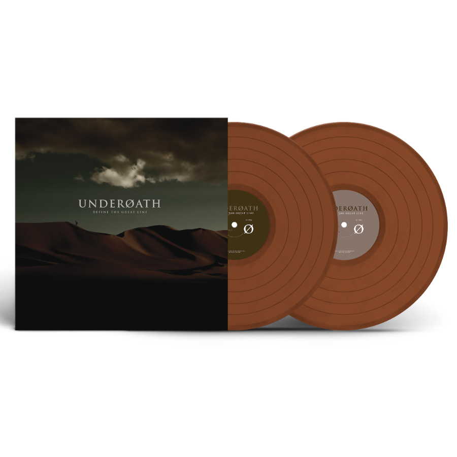 Underoath - Define the Great Line (Brown) Vinyl Underoath 'Before the Dark' vinyl record album with a dark illustrated cover and two translucent brown records partially pulled out, shown on a light gray background.