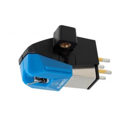 Audio-Technica AT-VM95C Cartridge for a turntable with blue and black design on a white background