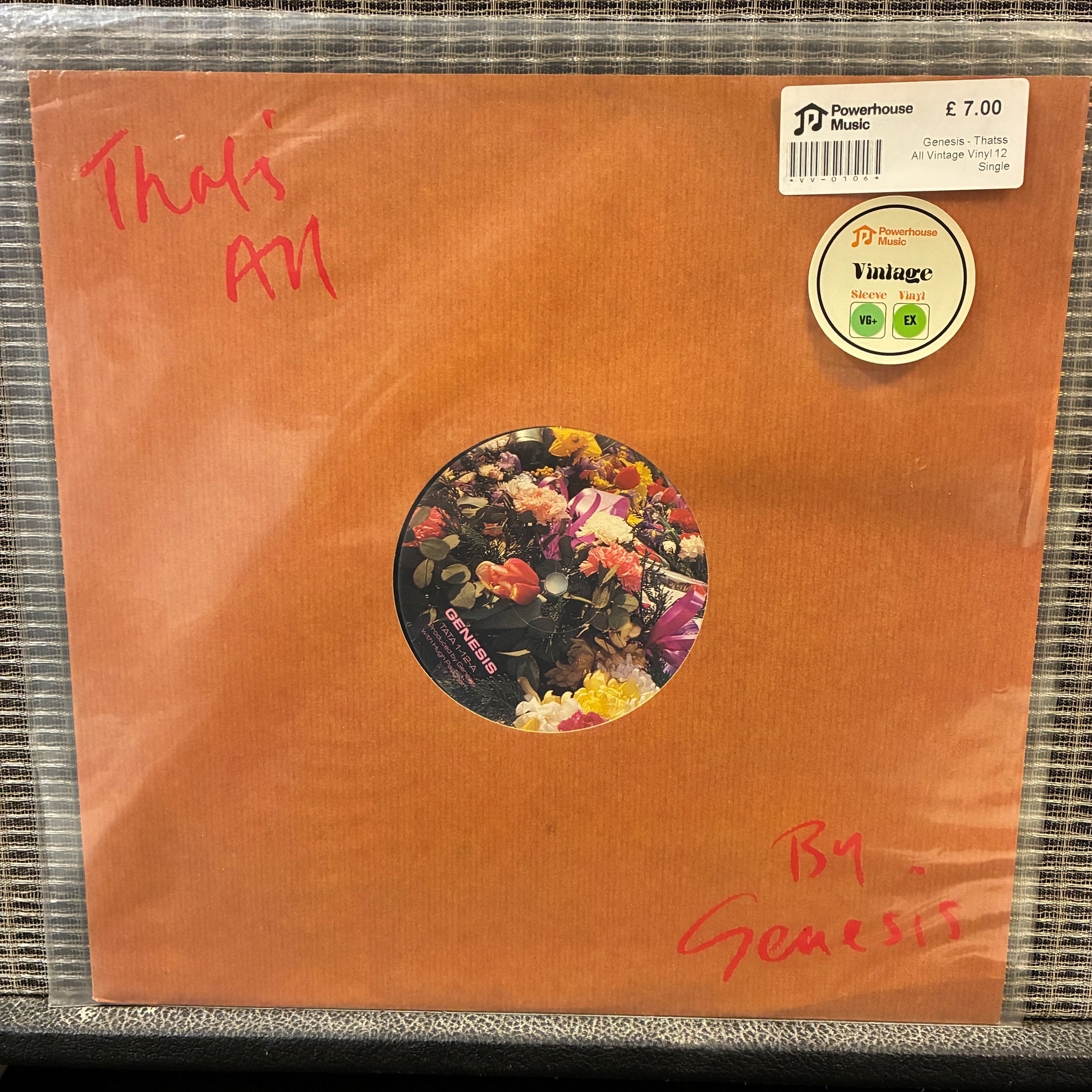 Genesis - That's All Vintage Vinyl record with a brown cover featuring a floral design and text, on a black background.
