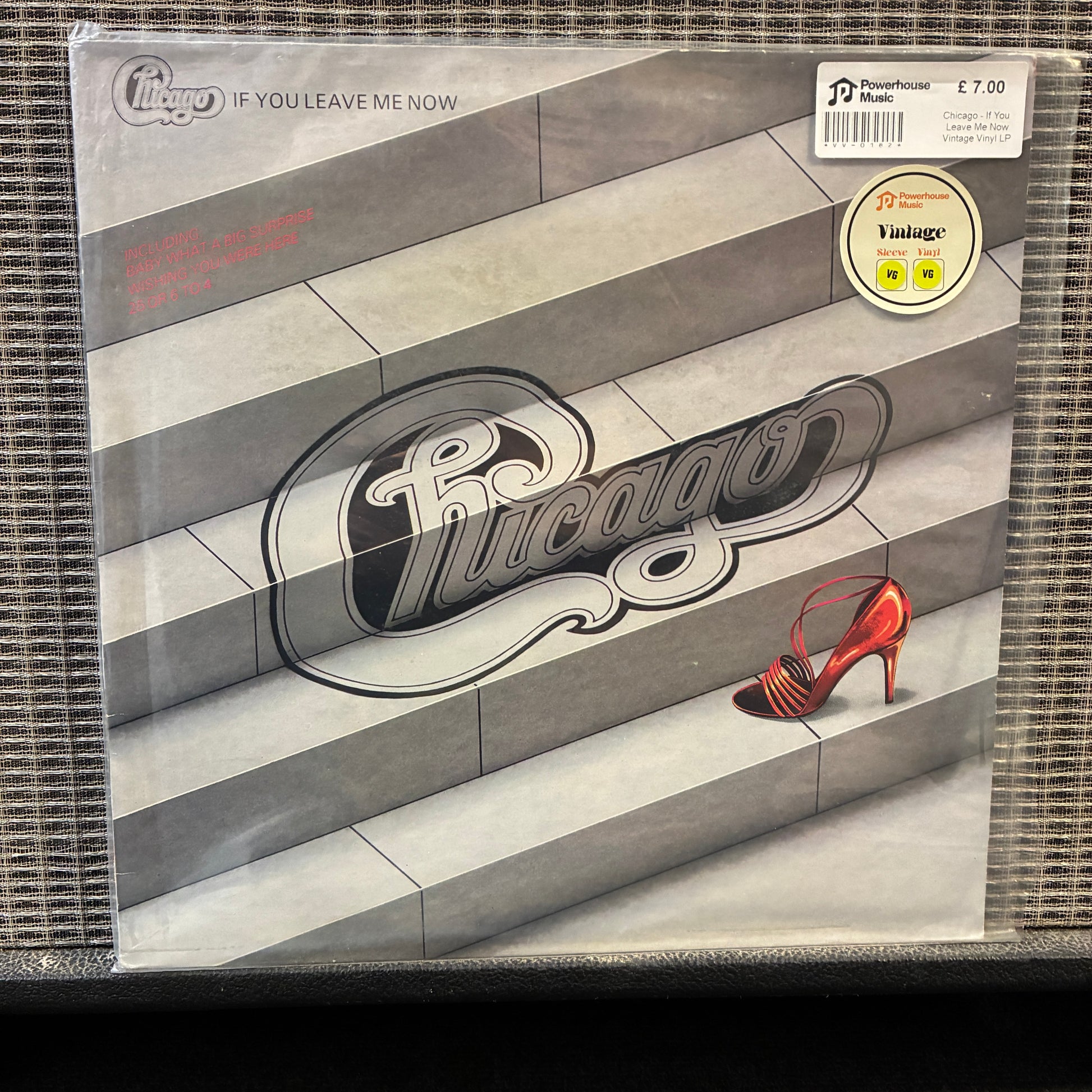 Chicago - If You Leave Me Now Vinyl record cover with 'Chicago' logo and red high heel shoe on a striped background