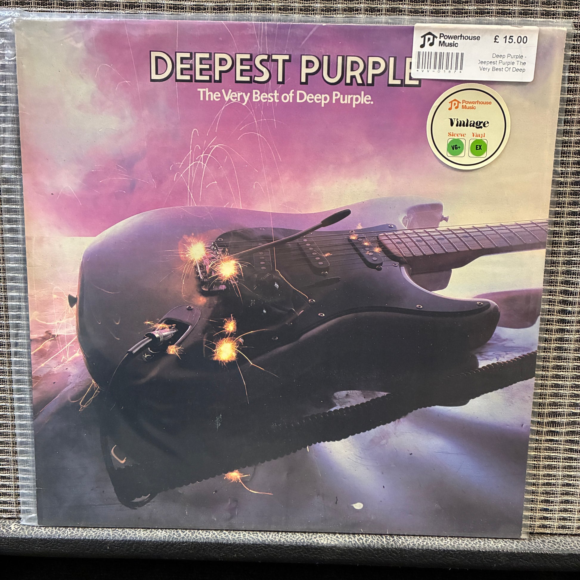 Deep Purple - Deepest Purple: The Very Best Of Deep Purple Vinyl record cover for 'Deepest Purple: The Very Best of Deep Purple' with a guitar and sparkles on a purple and pink gradient background.