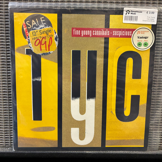 Fine Young Cannibals - Suspicious Minds Vinyl record cover for 'Suspicious' by Fine Young Cannibals with yellow, black, and red design.