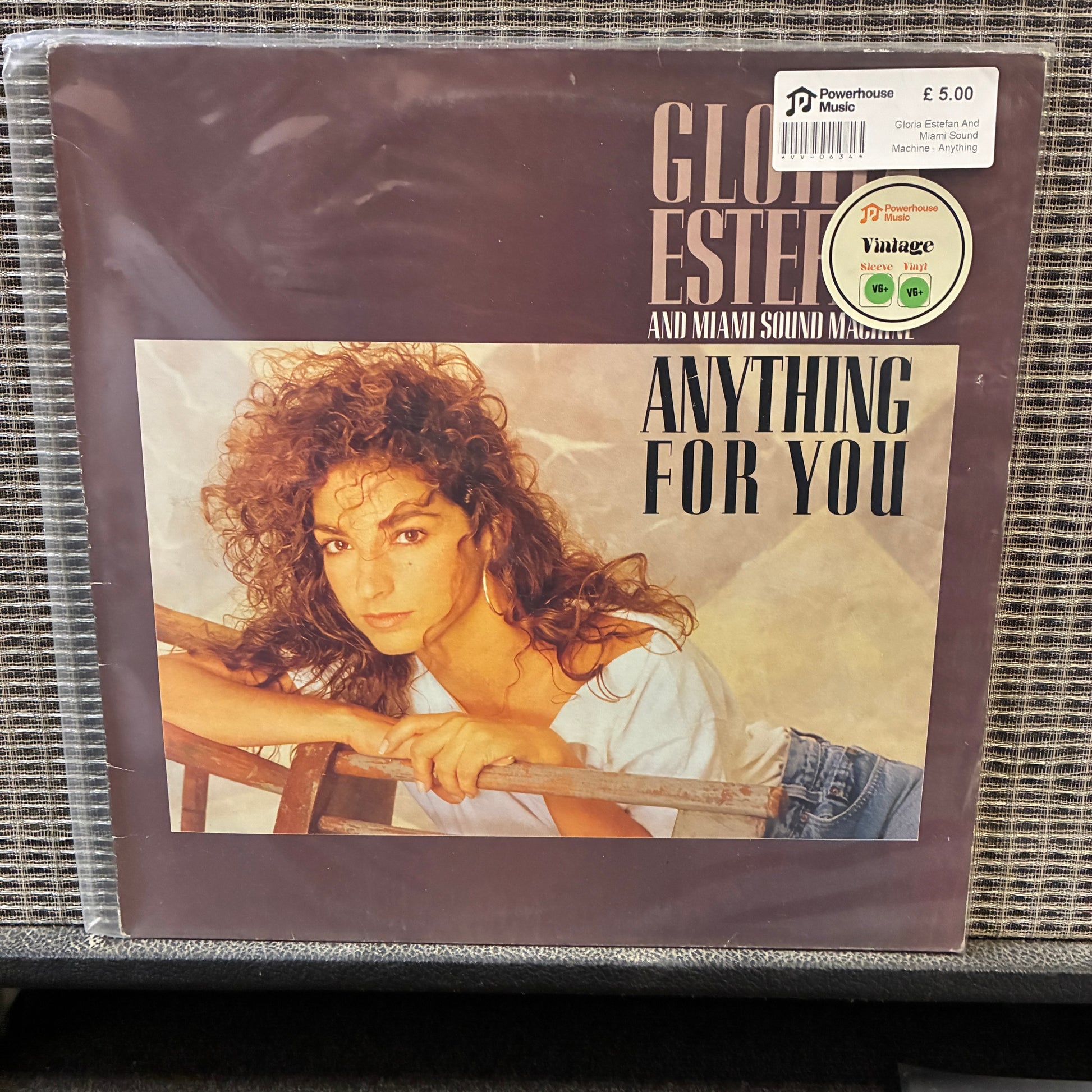 Gloria Estefan And Miami Sound Machine Vinyl record cover featuring a woman with text 'Gloria Estefan and Miami Sound Machine: Anything for You' on a brown background.