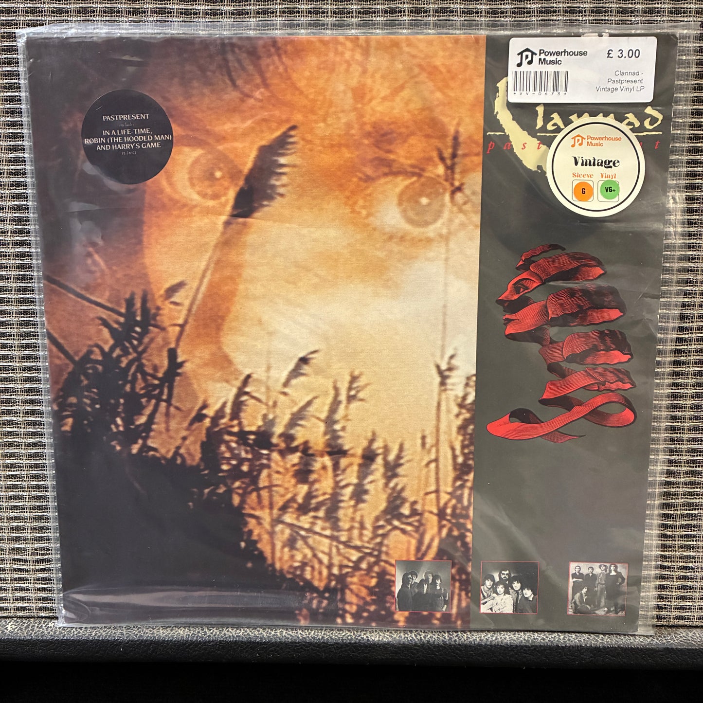 Clannad - Pastpresent Vinyl record with a sunset and tree design on the cover, placed on a black surface.