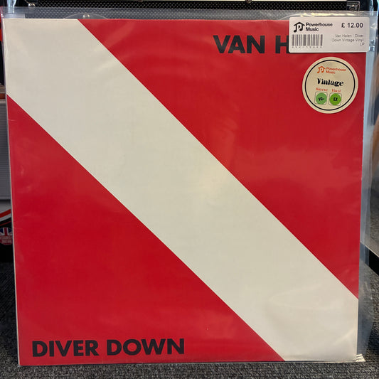 Van Halen - Diver Down Vintage Vinyl LP A vinyl record sleeve for Van Hal's 'Diver Down' featuring a bold red and white diagonal stripe design, photographed in its plastic shrink-wrap with a Powerhouse Records price sticker visible in the top right.