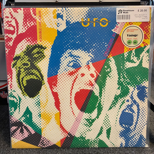 UFO - Strangers In The Night Vintage Vinyl LP A vinyl record sleeve for 'Double Live Album' by UFO, featuring a vibrant halftone pop-art collage of faces in red, blue, green, yellow, and cream. A Tower Records 'Vintage' 19-inch vinyl sticker is visible in the top right corner.