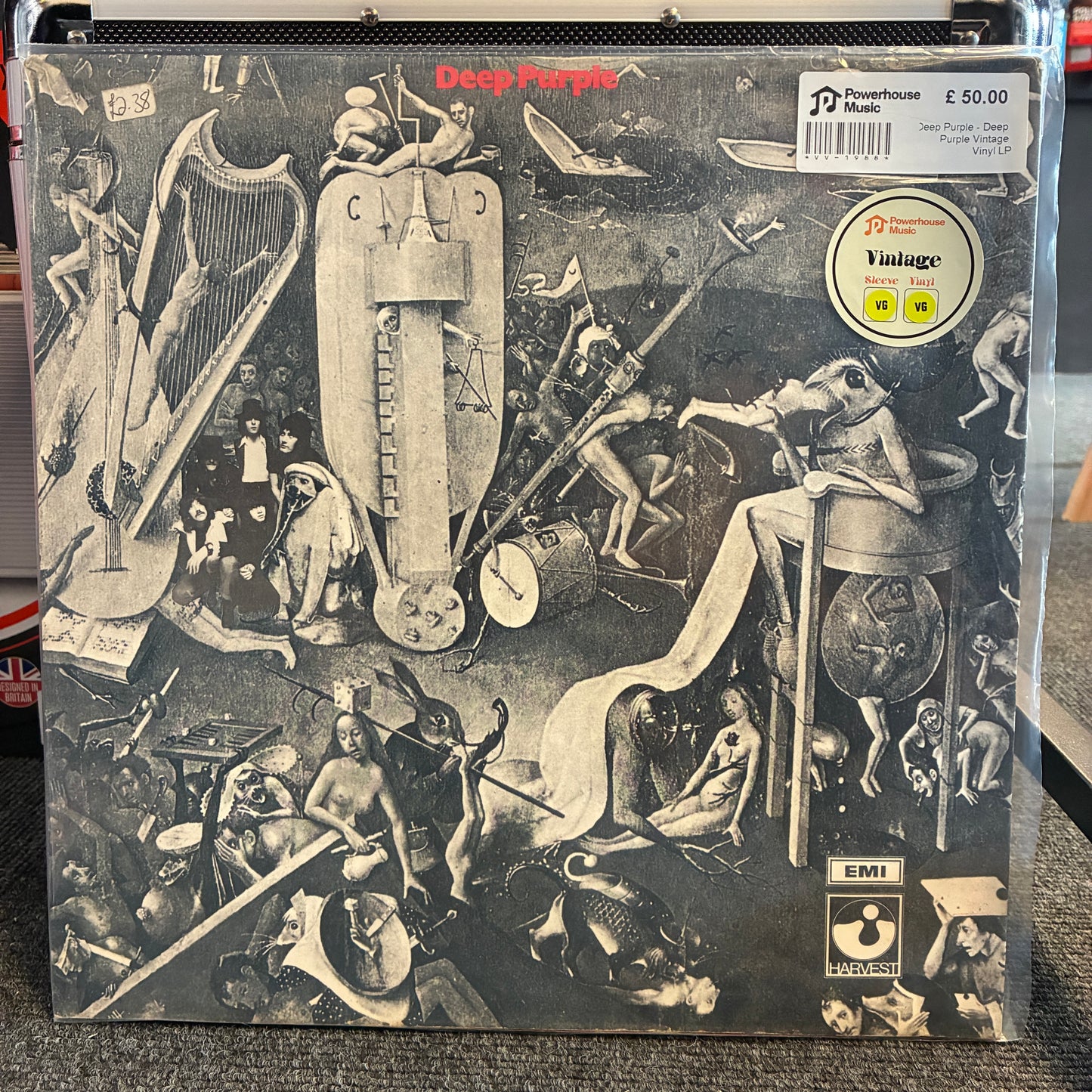 Deep Purple - Deep Purple Vintage Vinyl LP A vinyl record sleeve for Deep Purple's 'The Purple People Coming' on Emi Records, featuring a black and white surrealist artwork. A white retail price sticker is visible in the top right corner.