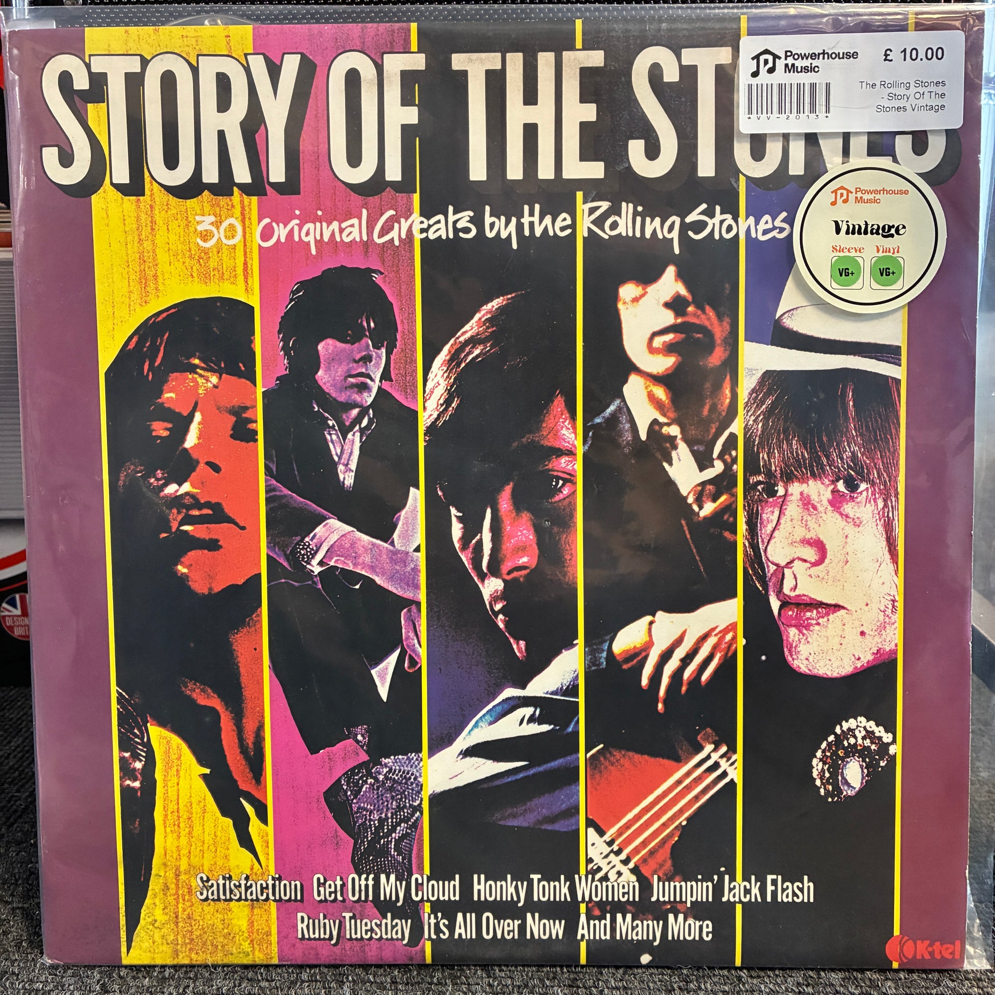 The Rolling Stones - Story Of The Stones Vintage Vinyl LP A vinyl record sleeve for the Rolling Stones' album 'Story of the Stones' on Powerhouse Music. The cover features a purple background with vertical yellow stripes and stylized portraits of the band members.